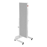 A tall, white, rectangular metal pegboard on wheels with a grid of holes—perfect for organizing tools or accessories alongside your RLT Home Total Spectrum ELITE (7 Wave 864 LEDs) red light therapy device for full-body sessions.