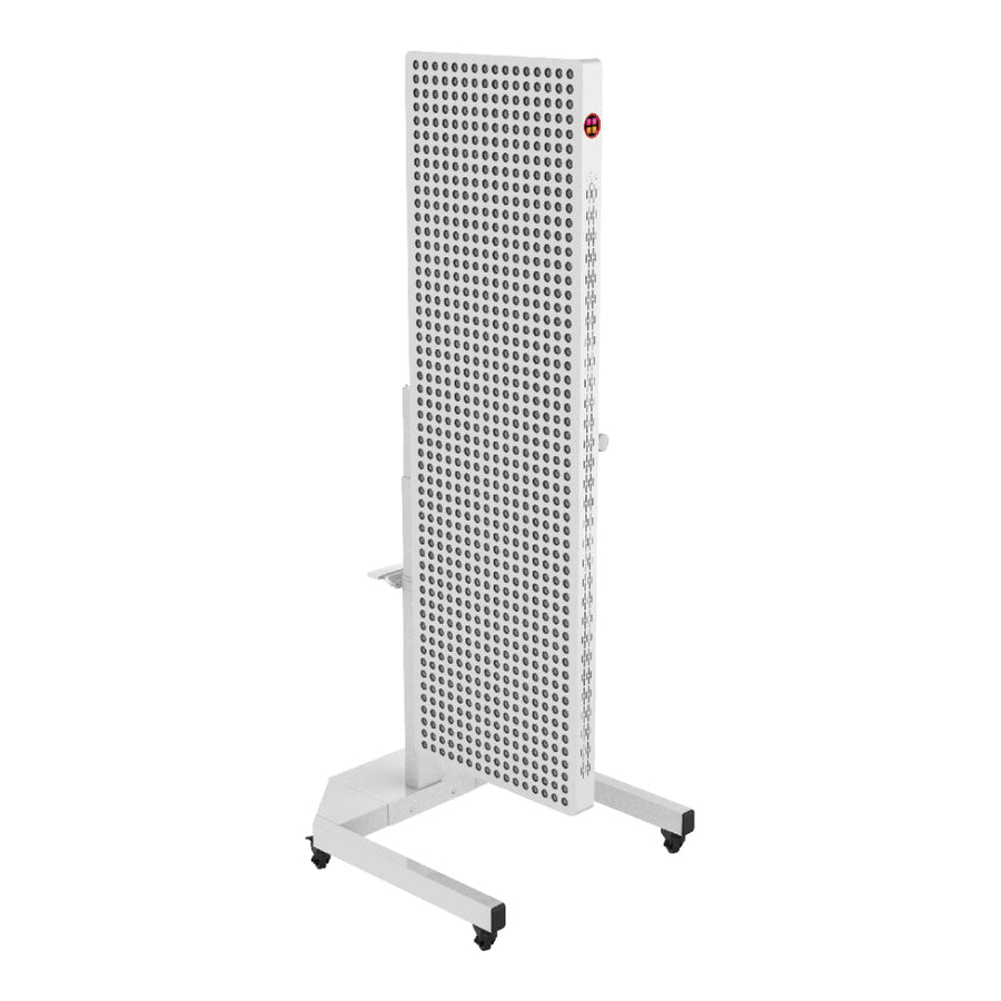 A tall, white, rectangular metal pegboard on wheels with a grid of holes—perfect for organizing tools or accessories alongside your RLT Home Total Spectrum ELITE (7 Wave 864 LEDs) red light therapy device for full-body sessions.