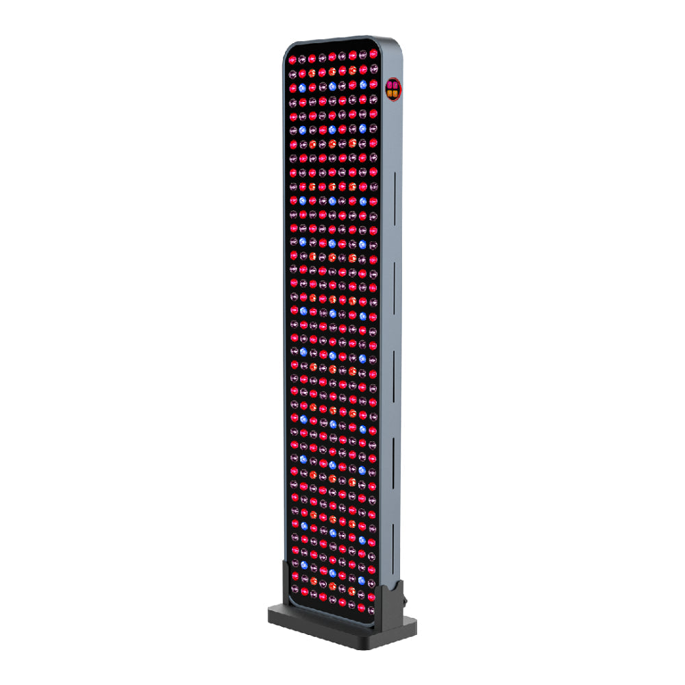 The RLT Home Total Spectrum MAX (7 Wave 360 LEDs) is a tall, rectangular red light therapy device with multiple rows of red and near-infrared lights on a black base, designed to support overall wellness and mitochondrial stimulation.