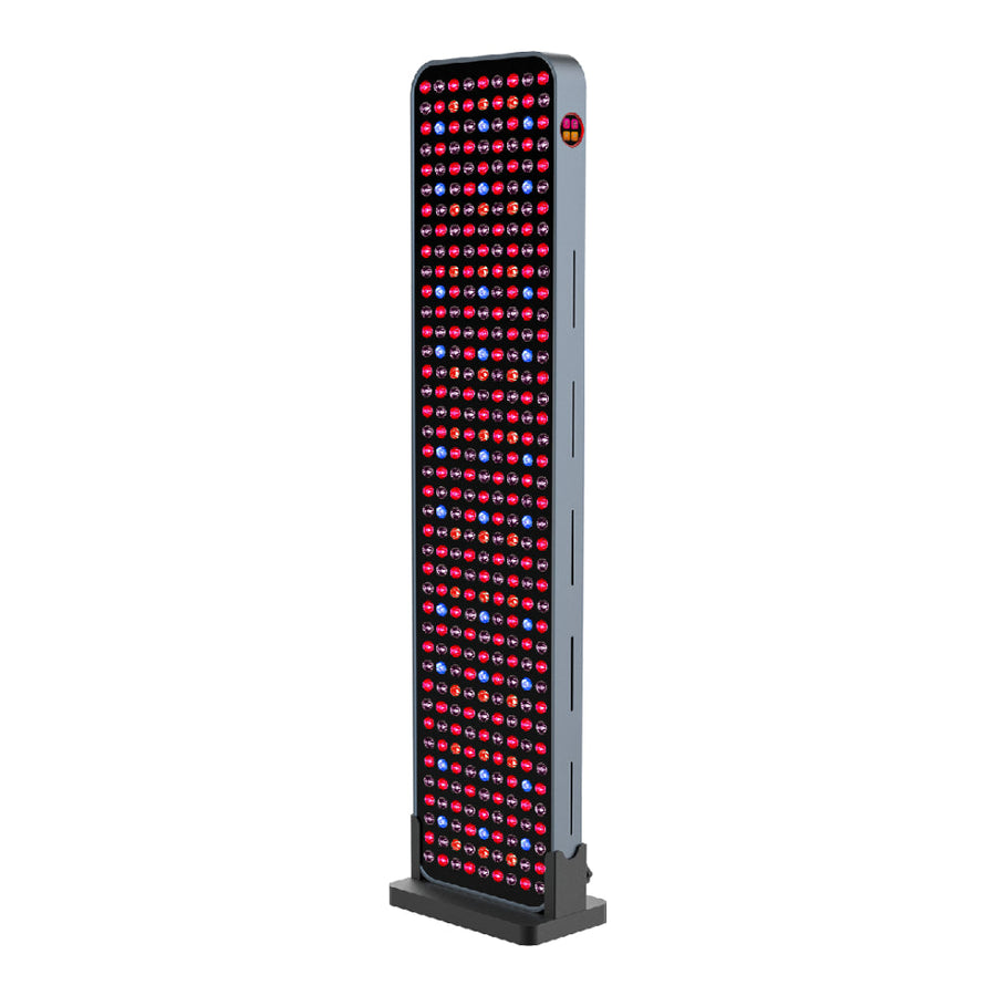 The RLT Home Total Spectrum MAX (7 Wave 360 LEDs) is a tall, rectangular red light therapy device with multiple rows of red and near-infrared lights on a black base, designed to support overall wellness and mitochondrial stimulation.