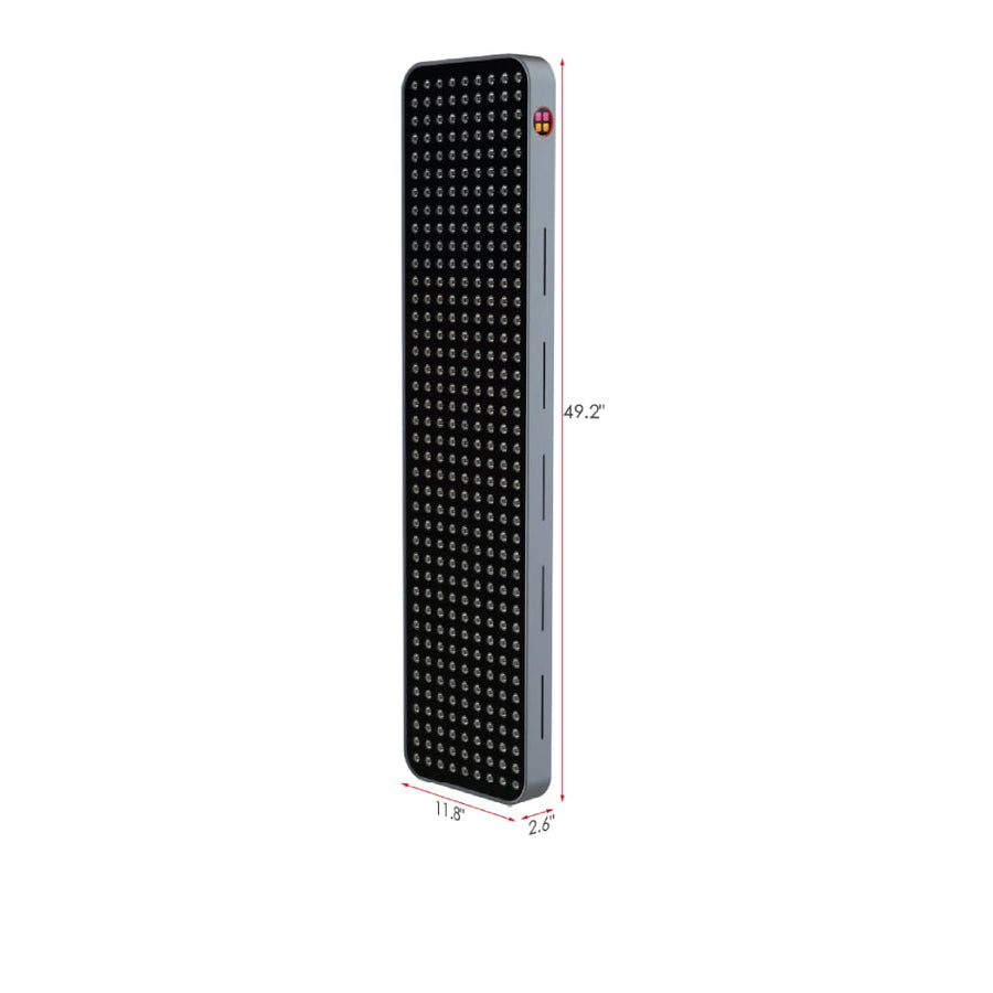 The RLT Home Total Spectrum MAX Red Light Therapy Panel by RLT Home is a rectangular black device with a grid of circular lights, shown at an angle. Measuring 49.2" x 11.8" x 2.6", it's perfect for holistic wellness routines.