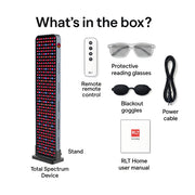 A graphic shows the RLT Home Total Spectrum MAX (7 Wave 360 LEDs) red light therapy device with red and infrared lights, remote control, protective reading glasses, blackout goggles, power cable, and user manual for wellness.