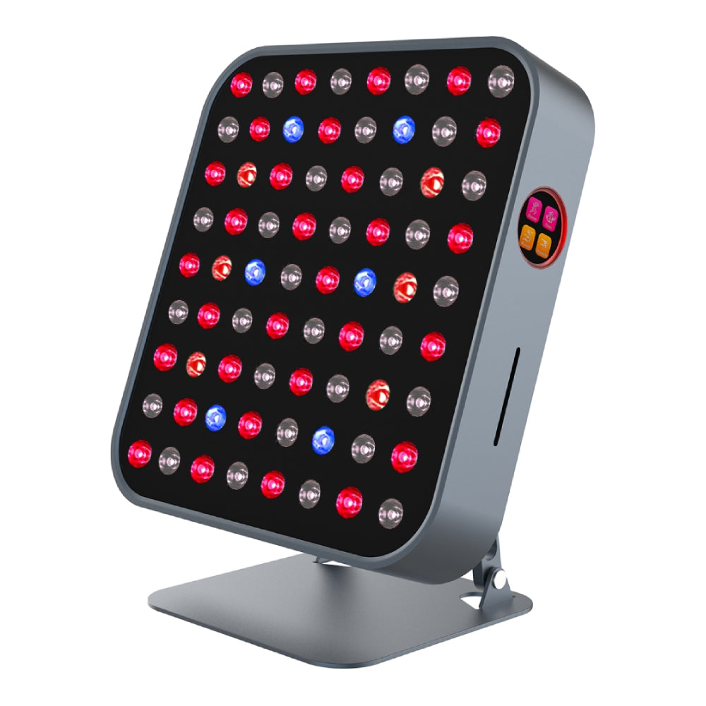 The RLT Home Total Spectrum MINI (7 Wave 72 LEDs) is a square LED light therapy panel on a stand with red, blue, and near-infrared lights for targeted pain relief, plus an easy-to-use side control panel for home wellness.