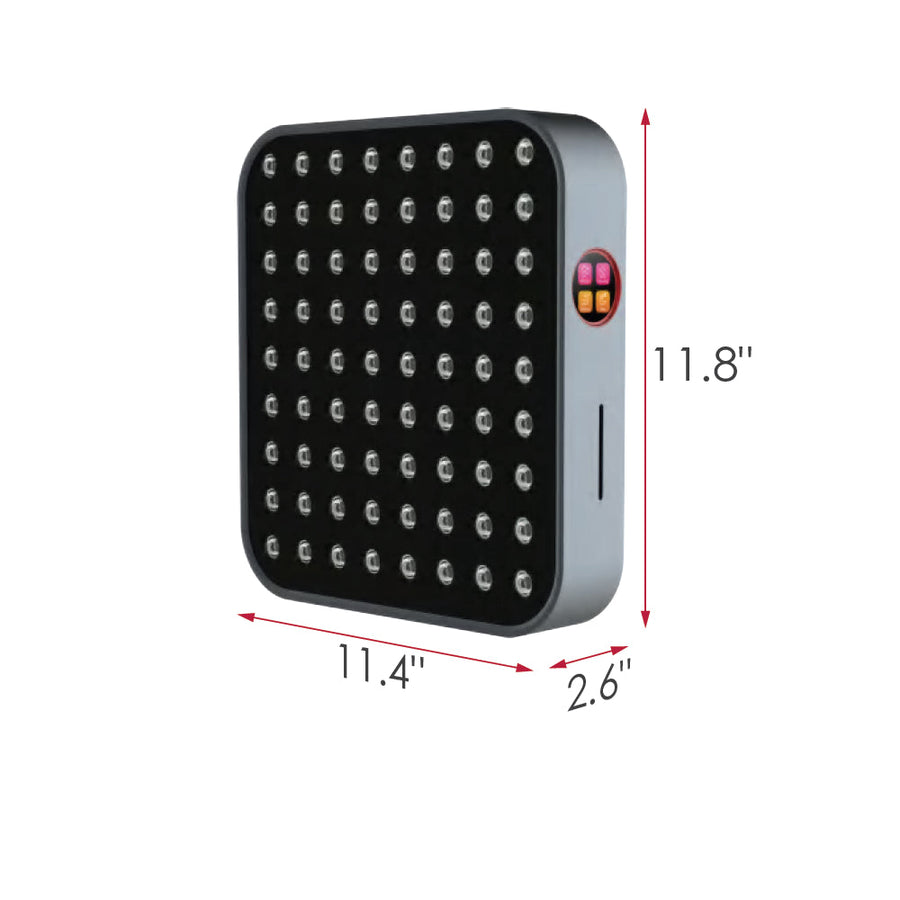 The RLT Home Total Spectrum MINI Red Light Therapy Panel by RLT Home is a rectangular black and silver device with a grid of small circular LED lights, side control panel, and measures 11.8" x 11.4" x 2.6" for convenient home wellness.