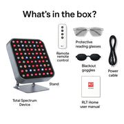 A display shows the contents of an RLT Home Total Spectrum MINI (7 Wave 72 LEDs) box: the red light therapy device on a stand, remote control, reading glasses, blackout goggles, power cable, and user manual for targeted pain relief.