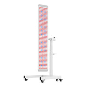 The RLT Home Total Spectrum ULTRA (7 Wave 480 LEDs) is a tall, rectangular red and near-infrared light therapy panel on a white wheeled stand with rows of red and blue LEDs for full-body wellness and pain relief.