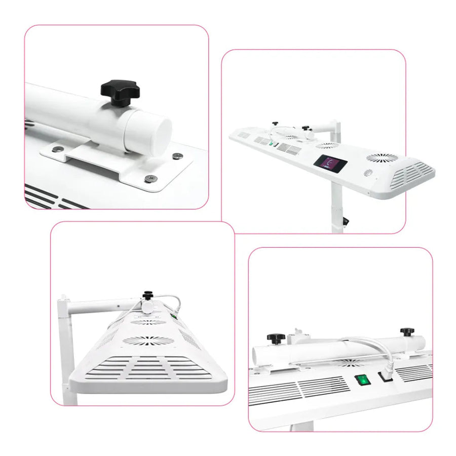 Four close-up views of the RLT Home Total Spectrum ULTRA (7 Wave 480 LEDs), a white adjustable LED light panel with vents, buttons, and knobs for indoor use, designed to deliver red light therapy for pain relief and full-body wellness.
