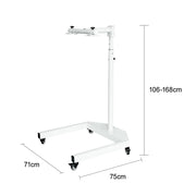 The RLT Home Total Spectrum ULTRA (7 Wave 480 LEDs) features a white adjustable rolling stand with a sturdy 71 x 75 cm U-shaped base on four wheels, height adjustable from 106–168 cm, plus a top mounting bracket for red light therapy devices.
