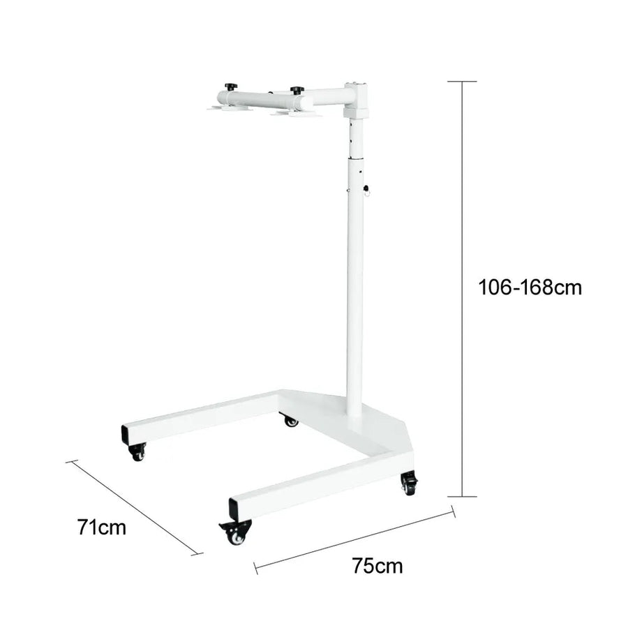 The RLT Home Total Spectrum ULTRA (7 Wave 480 LEDs) features a white adjustable rolling stand with a sturdy 71 x 75 cm U-shaped base on four wheels, height adjustable from 106–168 cm, plus a top mounting bracket for red light therapy devices.