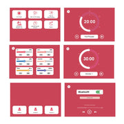 Six screenshots of RLT Home's Total Spectrum ULTRA (7 Wave 480 LEDs) app display a red and white interface with power, mode selection, timer settings, Bluetooth toggles, and icons for pain relief and full-body wellness functions.