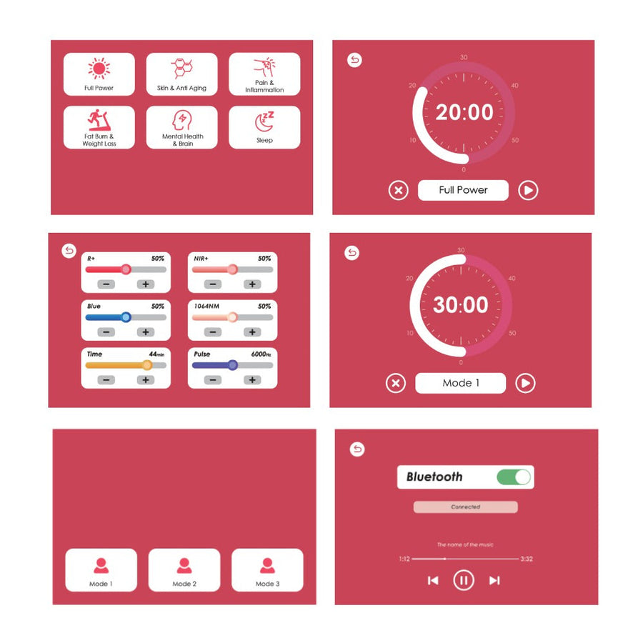 Six red-and-white interface screens display settings for the RLT Home Total Spectrum ULTRA (7 Wave 480 LEDs), including timer dials, power modes, percentage sliders, color choices, user profiles, and a Bluetooth screen with playback controls.