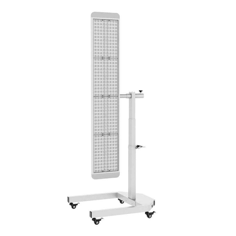 The RLT Home Total Spectrum ULTRA (7 Wave 480 LEDs) is a tall, rectangular red light therapy panel on a white mobile stand with wheels, adjustable height, and sturdy base for full-body wellness.