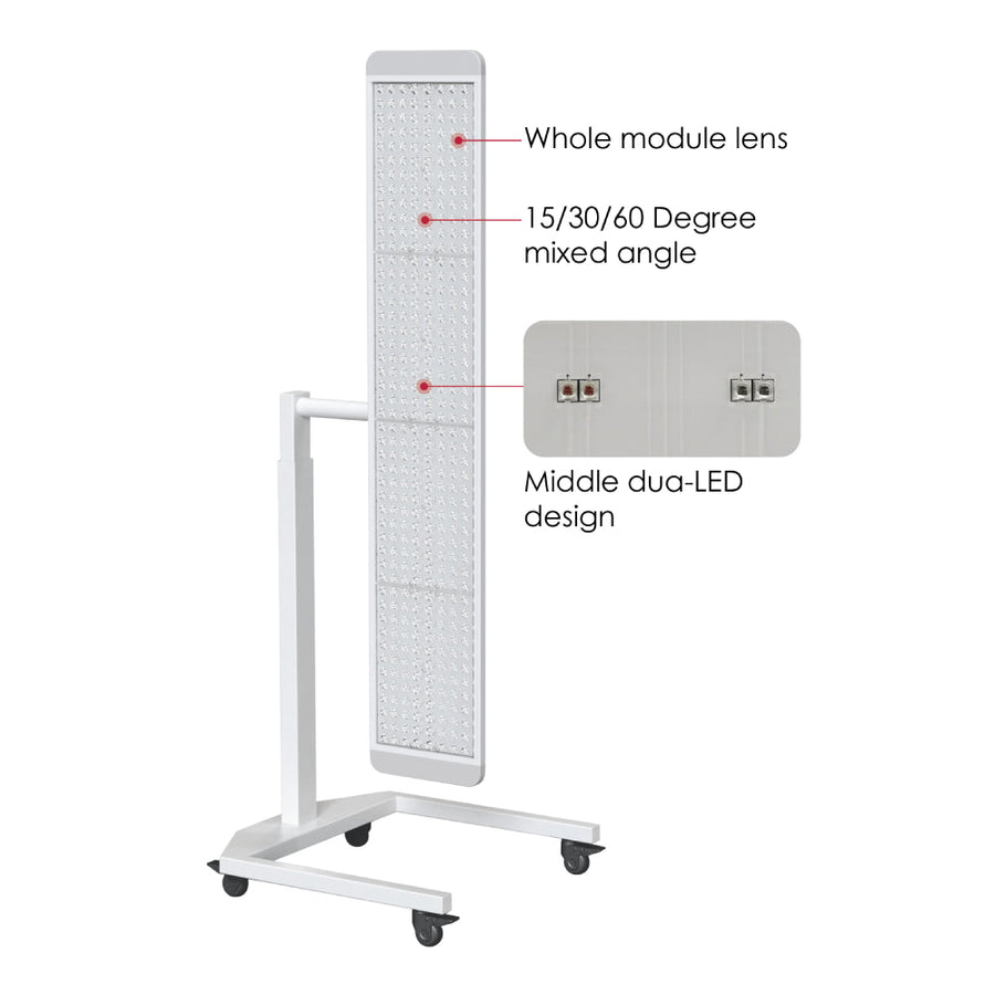 The Total Spectrum ULTRA (7 Wave 480 LEDs) from RLT Home is a tall, rectangular LED device on wheels with whole module lens, 15/30/60° mixed angles, and a dual-LED center—perfect for full-body wellness and red light therapy.