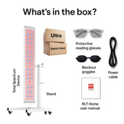 An image displays the RLT Home Total Spectrum ULTRA (7 Wave 480 LEDs) with stand, Ultra Electric Stand box, protective reading glasses, blackout goggles, power cable, and user manual—ideal for full-body wellness and pain relief.