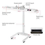 A labeled diagram of the RLT Home Total Spectrum ULTRA (7 Wave 480 LEDs), an adjustable red light therapy device with touchscreen, power switch, scratch-proof housing, plastic end case, vertical/horizontal stand, power strip, and inch measurements.