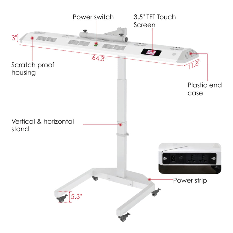 A labeled diagram of the RLT Home Total Spectrum ULTRA (7 Wave 480 LEDs), an adjustable red light therapy device with touchscreen, power switch, scratch-proof housing, plastic end case, vertical/horizontal stand, power strip, and inch measurements.