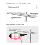 Two images: Top shows the RLT Home Total Spectrum ULTRA Red Light Therapy Panel with voice control modes and a mic icon. Bottom displays easy operation on its 3.5-inch HD touchscreen for full-body wellness and pain relief. Brand: RLT Home.