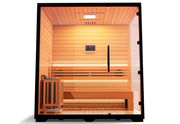 Experience the Medical Saunas - Traditional 7, a 3-4 person Canadian Hemlock sauna by Medical Saunas, featuring a glass front door, wooden bench seating, left-side heater, soft warm lighting, and rapid internal heating for ultimate relaxation.