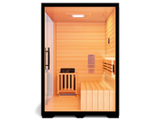 The Medical Saunas - Traditional 7 by Medical Saunas is a modern 3-4 person Canadian Hemlock sauna with a glass door, wooden bench seating, electric heater with Rapid Internal Heating System, and warm overhead lighting.
