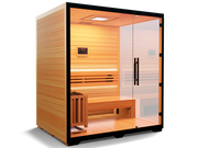The Medical Saunas - Traditional 7, a 3-4 person Canadian Hemlock sauna by Medical Saunas, features glass doors, interior bench seating, a wall-mounted control panel, and a rapid heating system, all displayed on a plain white background.