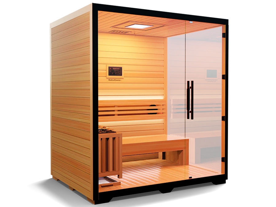 The Medical Saunas - Traditional 7, a 3-4 person Canadian Hemlock sauna by Medical Saunas, features glass doors, interior bench seating, a wall-mounted control panel, and a rapid heating system, all displayed on a plain white background.