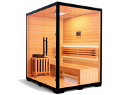 The Medical Saunas - Traditional 7 by Medical Saunas is a modern, freestanding Canadian Hemlock sauna for 3-4 people, with glass doors and walls, a bench, Rapid Internal Heating System heater, and interior lighting on a plain white background.