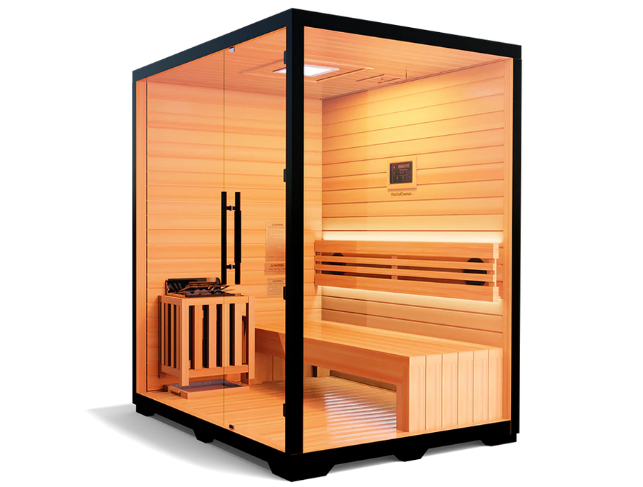 The Medical Saunas - Traditional 7 by Medical Saunas is a modern, freestanding Canadian Hemlock sauna for 3-4 people, with glass doors and walls, a bench, Rapid Internal Heating System heater, and interior lighting on a plain white background.