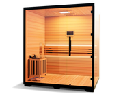 The Medical Saunas - Traditional 7 by Medical Saunas is a modern Canadian Hemlock 3-4 person sauna with glass walls and door, interior bench, digital control panel, corner heater, Rapid Internal Heating System, and warm ambient lighting for relaxation.
