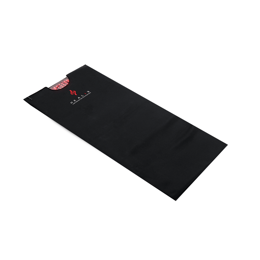 The HEALiX Infrared Elevate Light Pod is a black rectangular garment bag featuring a small red logo and text at the top center, partially open to reveal a red patterned lining inspired by red light therapy on a white background.
