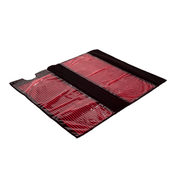 The Elevate Light Pod by HEALiX Infrared is shown in an open, foldable rectangular case with black edges and transparent panels, displaying its red, polka-dotted fabric on a white background—perfect for storing the red light therapy device.