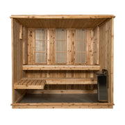 Almost Heaven Bridgeport 6 Person Indoor Hybrid Sauna with multi-level benches and Harvia 8kW electric heater, dynamic relaxation, compatible with spaces from Dynamic, Osaki, Titan, Golden Designs, Maxxus brands.