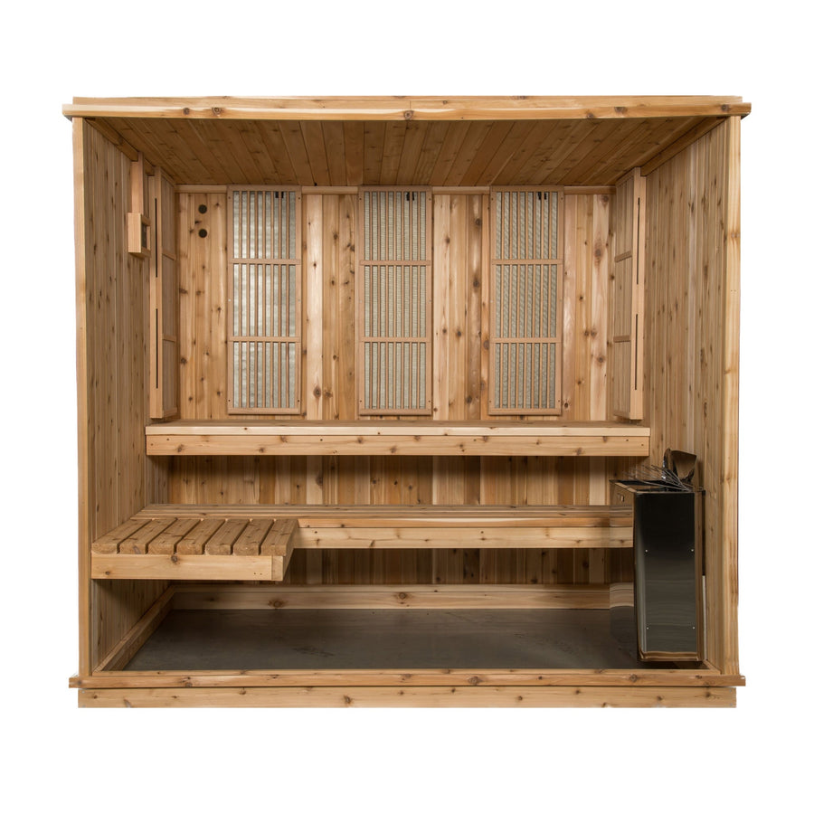 Almost Heaven Bridgeport 6 Person Indoor Hybrid Sauna with multi-level benches and Harvia 8kW electric heater, dynamic relaxation, compatible with spaces from Dynamic, Osaki, Titan, Golden Designs, Maxxus brands.