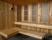Almost Heaven Bridgeport 6 Person Indoor Hybrid Sauna with multi-level benches and Harvia 8kW electric heater; fits in basement, home gym, or bathroom; brands such as Dynamic, Osaki, Titan, Golden Designs, Maxxus.