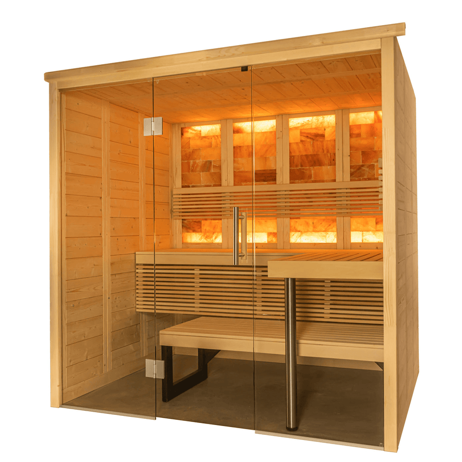The Almost Heaven Himalaya 4 Person Indoor Sauna features glass doors, a light wood interior, a bench, and illuminated Himalayan salt blocks on the back wall for relaxing salt therapy.