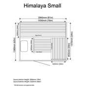 Black and white floor plan for the Almost Heaven Himalaya 4 Person Indoor Sauna, showing detailed dimensions, bench placements, and both interior & exterior heights. All measurements in mm/inches. Ideal for salt therapy. Brand: Almost Heaven.