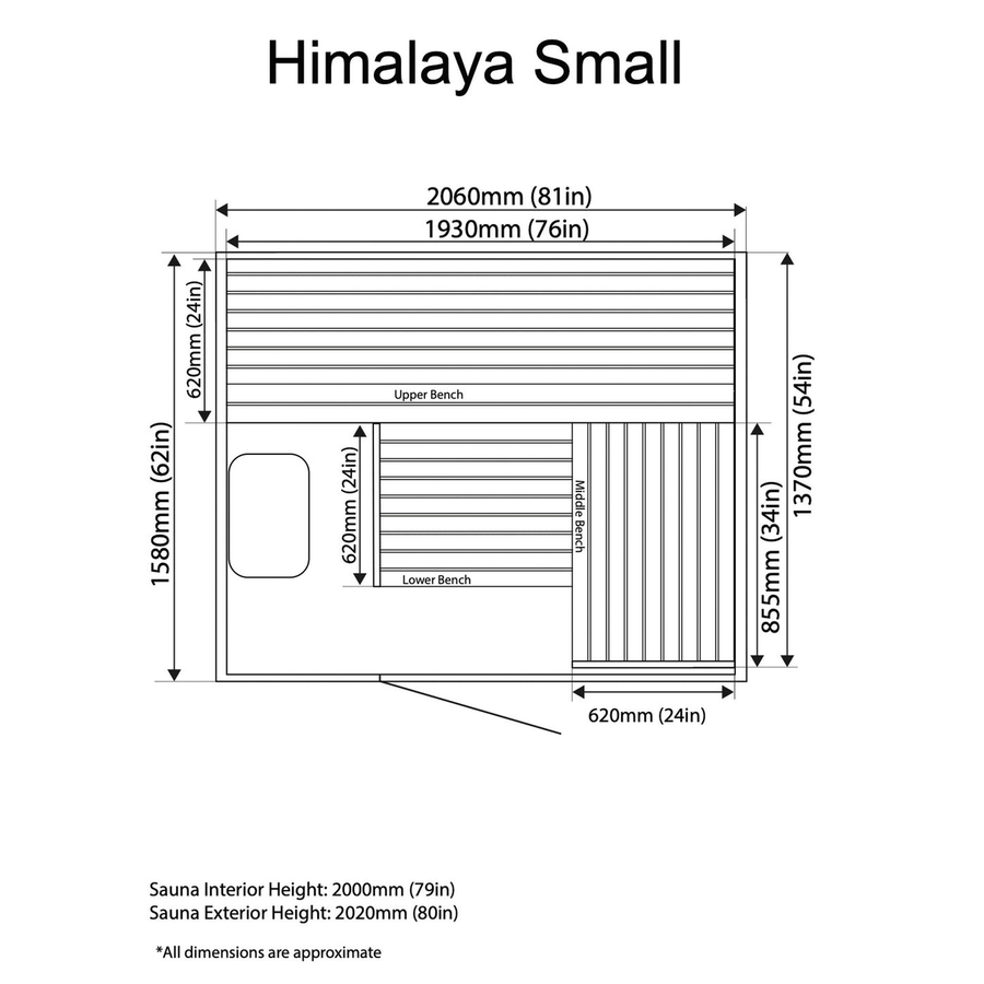 Black and white floor plan for the Almost Heaven Himalaya 4 Person Indoor Sauna, showing detailed dimensions, bench placements, and both interior & exterior heights. All measurements in mm/inches. Ideal for salt therapy. Brand: Almost Heaven.