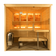 The Almost Heaven Himalaya 4 Person Indoor Sauna by Almost Heaven features glass doors, two-tier benches, a metal heater on the left, and illuminated Himalayan salt panels for relaxing salt therapy in a warm atmosphere.