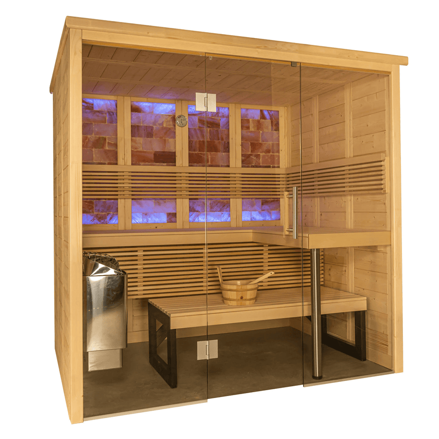 The Almost Heaven Himalaya 4 Person Indoor Sauna features glass doors, a bench, wooden bucket and ladle, a corner heater, and purple-lit Himalayan Salt panels for a soothing salt therapy ambiance.
