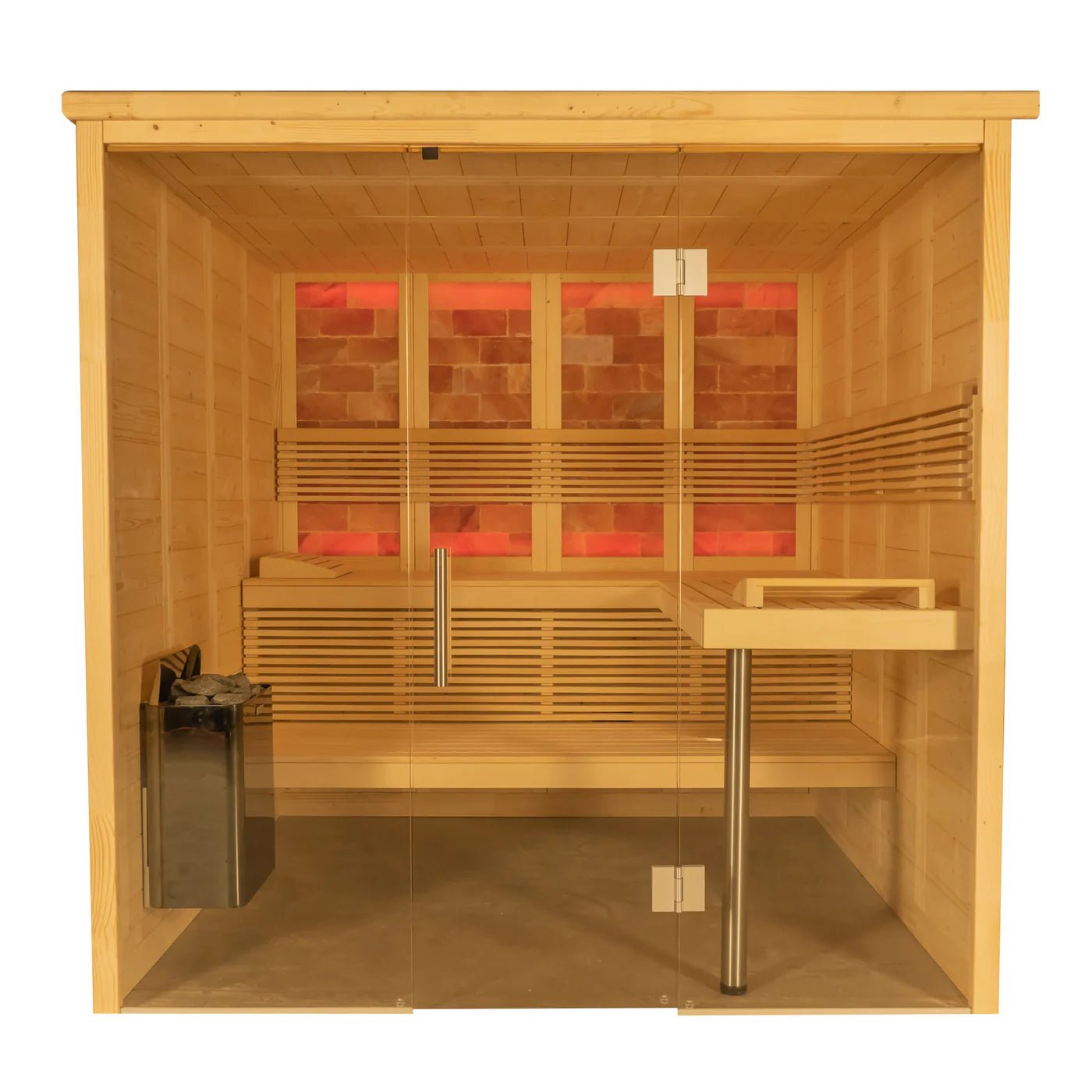 Almost Heaven Himalaya 6 Person Indoor Sauna with glass doors, multi-level wooden seating, and a back-lit Himalayan salt wall.