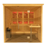 Almost Heaven Himalaya 6 Person Indoor Sauna with glass doors, multi-level wooden seating, and a back-lit Himalayan salt wall.