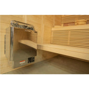 Almost Heaven Himalaya 6 Person Indoor Sauna with wooden benches, Himalayan salt wall, and an 8kW heater, designed for a luxurious sauna experience.