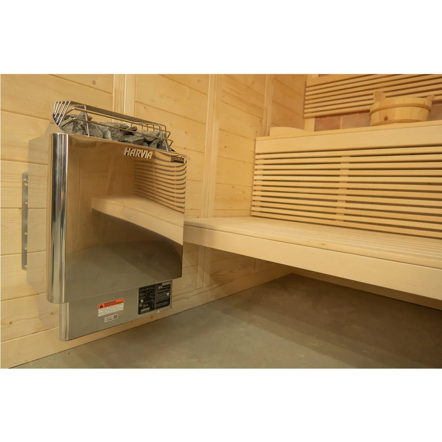 Almost Heaven Himalaya 6 Person Indoor Sauna with wooden benches, Himalayan salt wall, and an 8kW heater, designed for a luxurious sauna experience.