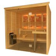 Almost Heaven Himalaya 6 Person Indoor Sauna with glass doors, multi-level seating, and a back-lit Himalayan salt wall for enhanced wellness and relaxation.