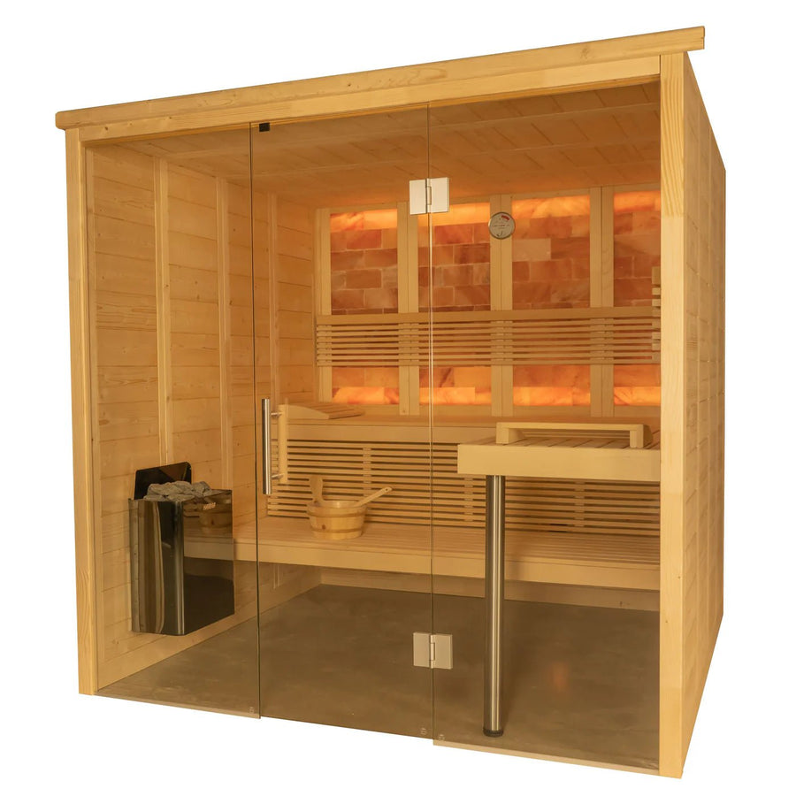 Almost Heaven Himalaya 6 Person Indoor Sauna with glass doors, multi-level seating, and a back-lit Himalayan salt wall for enhanced wellness and relaxation.