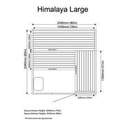 Drawing of the Almost Heaven Himalaya 6 Person Indoor Sauna, showcasing multi-level seating and a back-lit Himalayan salt wall.