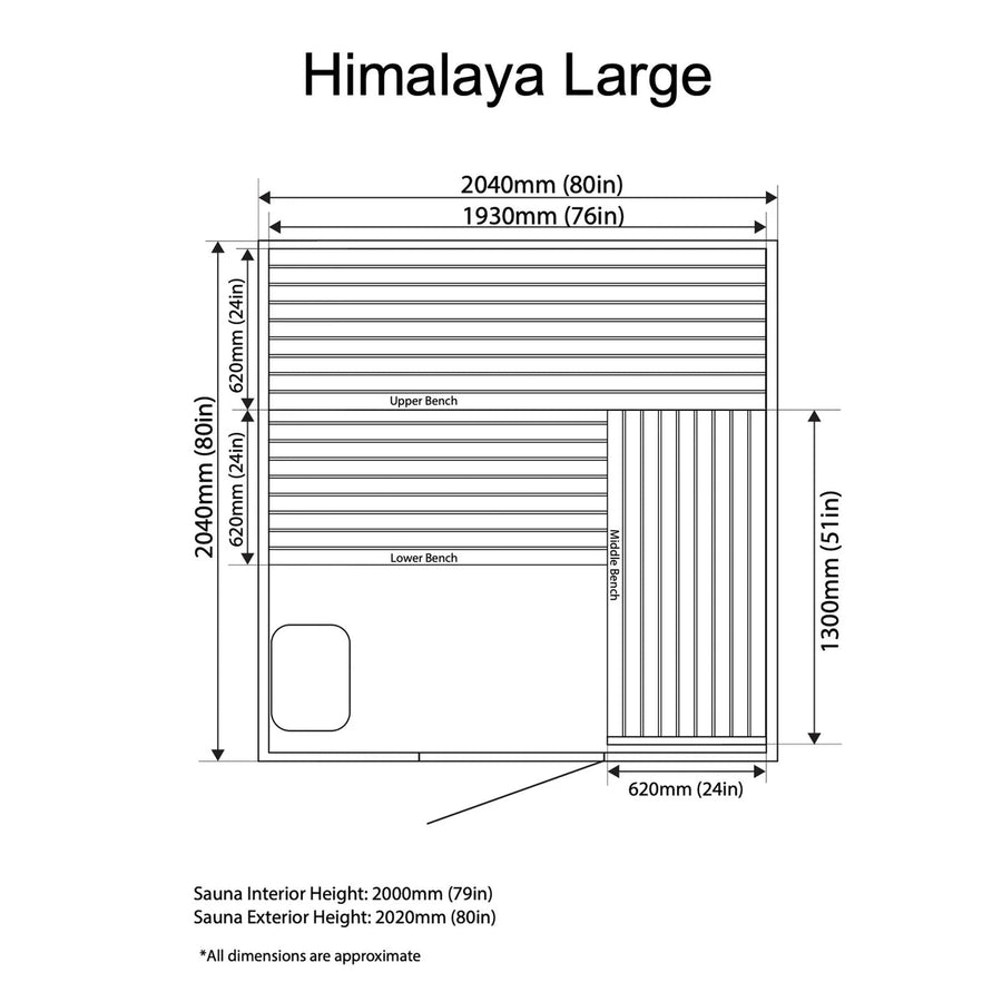 Drawing of the Almost Heaven Himalaya 6 Person Indoor Sauna, showcasing multi-level seating and a back-lit Himalayan salt wall.
