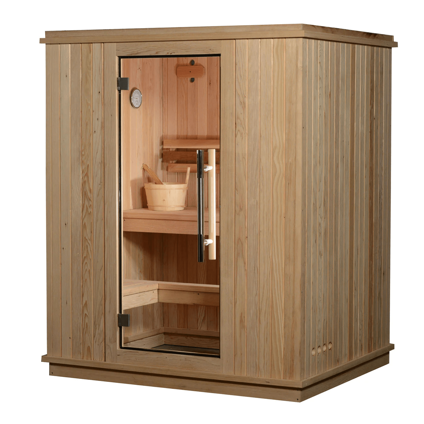The Almost Heaven Madison 2-3 Person Indoor Traditional Sauna by Almost Heaven features light wood panels, a glass door, an interior bench, wooden bucket with ladle, wall thermometer, and an electric heater for a modern home sauna experience.