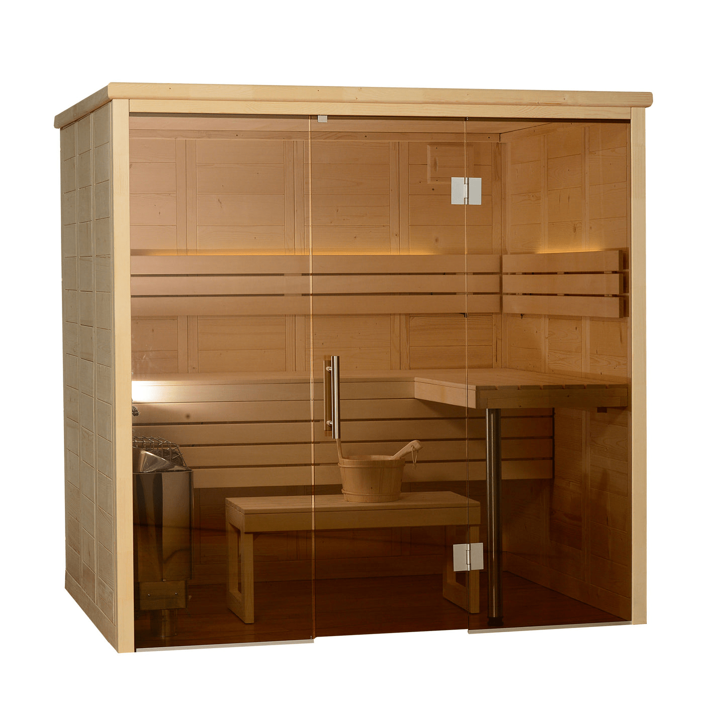 The Almost Heaven Worthington 4-6 Person Indoor Sauna by Almost Heaven features light wood walls, a wooden bench, glass doors, a metal sauna heater, plus a bucket and ladle for a comfortable indoor sauna experience.