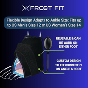 The Icebound Essentials Frost Fit Compression Ankle, shown with blue lining and a pump for air compression, fits US men's size 12/women's 14. It's reusable, offers hot/cold therapy, and suits either foot.
