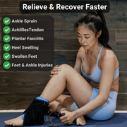 A woman in athletic wear uses the Frost Fit Compression Ankle by Icebound Essentials on a mat. On-screen text highlights benefits: helps with ankle sprain, Achilles tendon, plantar fasciitis, heel swelling, swollen feet, and foot & ankle injuries.